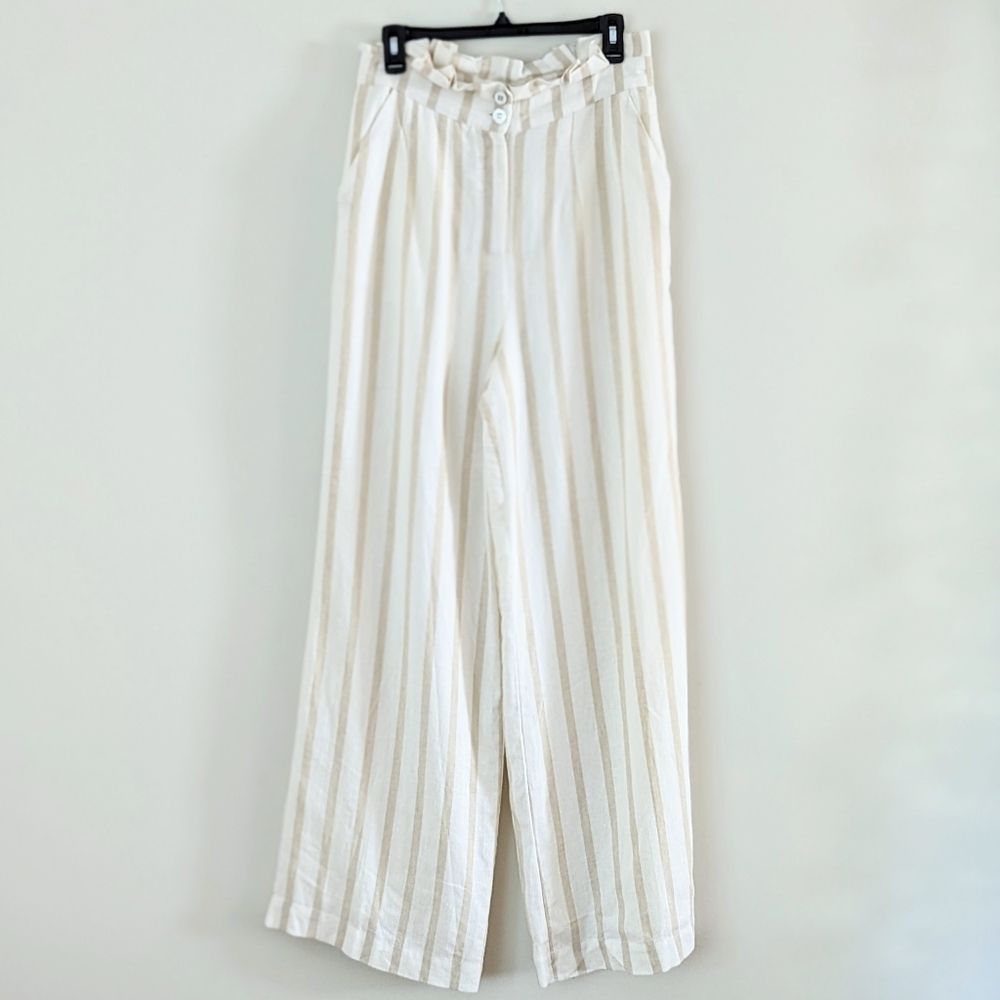 New York &‎ Company Wide Leg Linen Blend Cream Tan Striped Trousers, 8